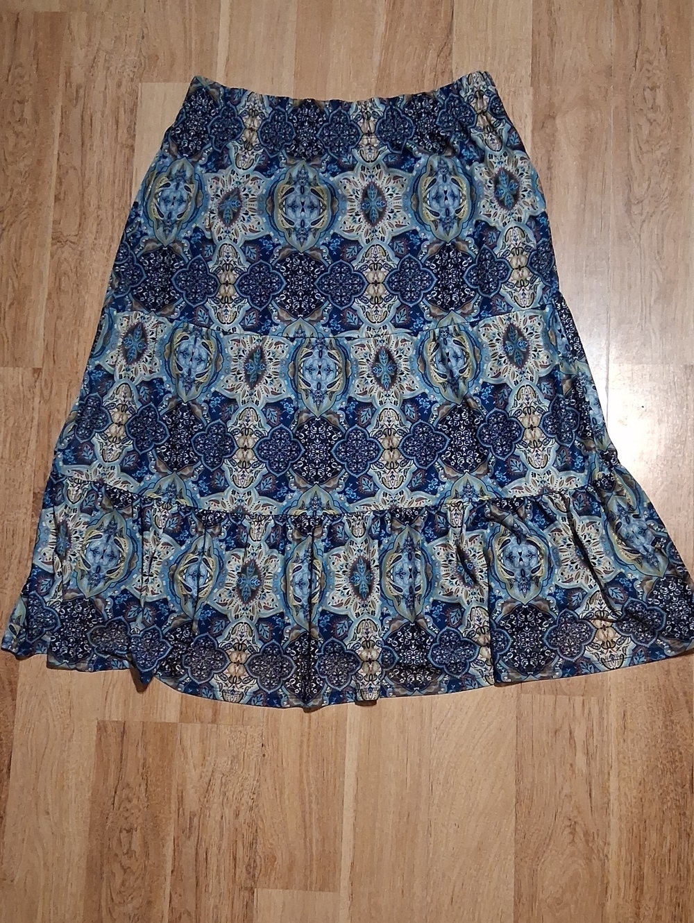 Christopher & Banks Blue and Cream Patterned Tiered Midi Skirt